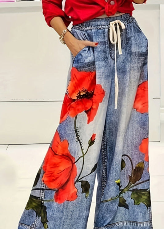 Blue Print Elastic Waist Pockets Wide Leg Jeans Summer
