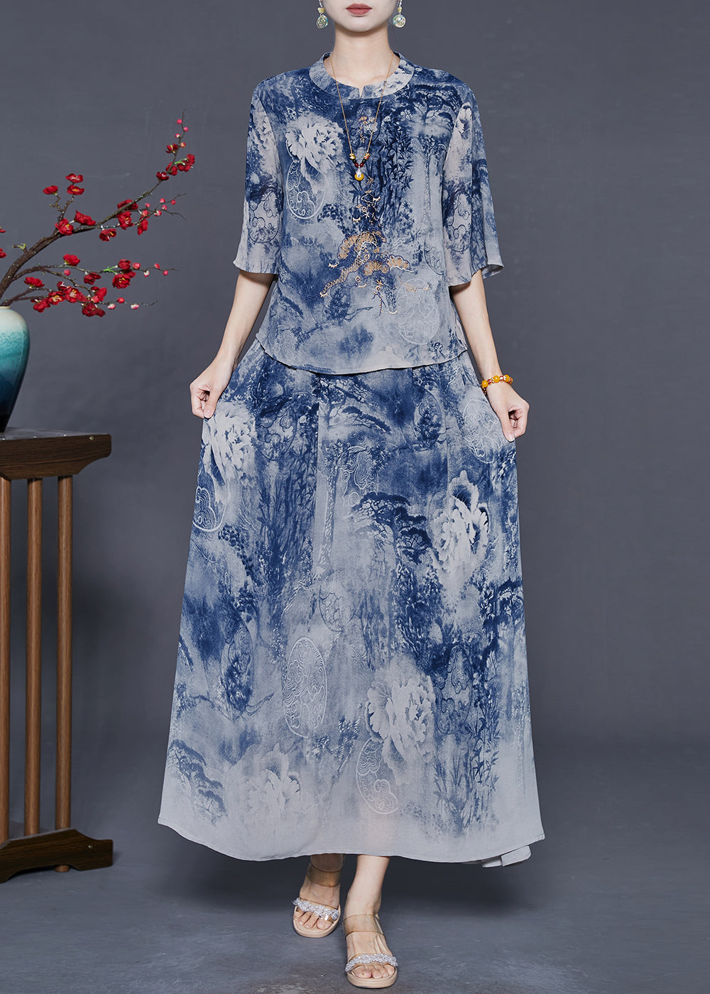 Blue Print Chiffon Two Piece Set Outfits Summer