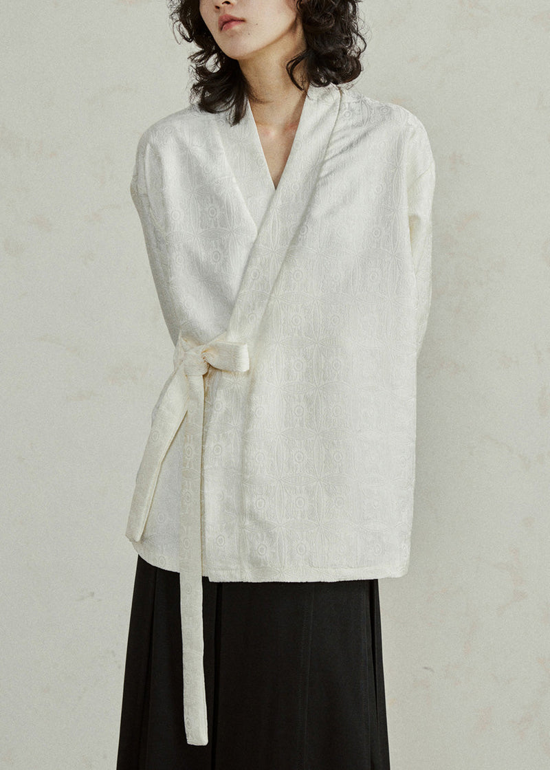 Jacquard Beige V Neck Top Long Sleeve