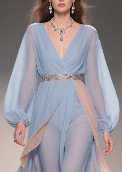 Blue Asymmetrical High Waist Patchwork Chiffon Party Dress