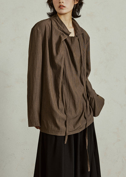 Coffee Stand Collar Lace Up Cotton Blouse Fall