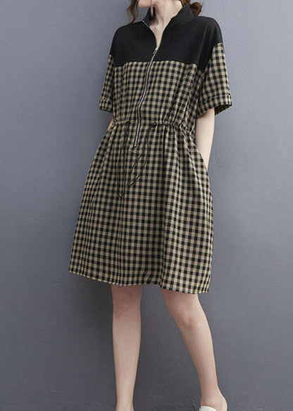 Stylish Black Zip Up Plaid Drawstring Dresses Short Sleeve