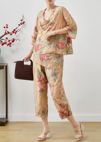 Khaki Embroidered Chinese Button Silk Two Pieces Set Summer