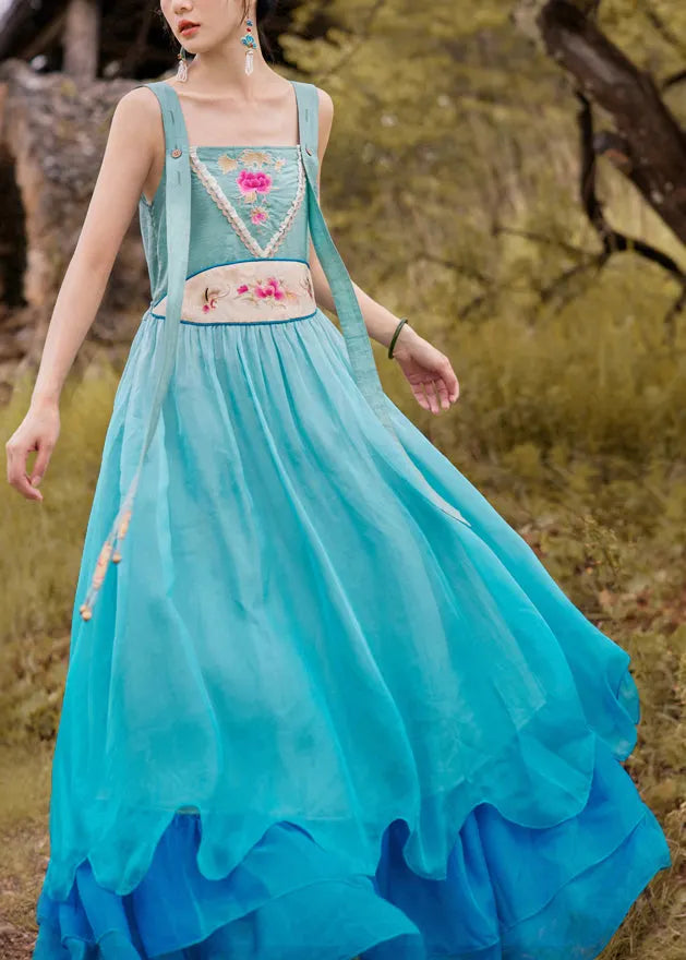 Vogue Blue Slash Neck Embroideried Gradient Color Button Silk Maxi Dress Sleeveless