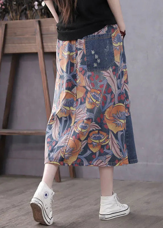Blue Pockets Patchwork Print a Line Fall Denim Skirts