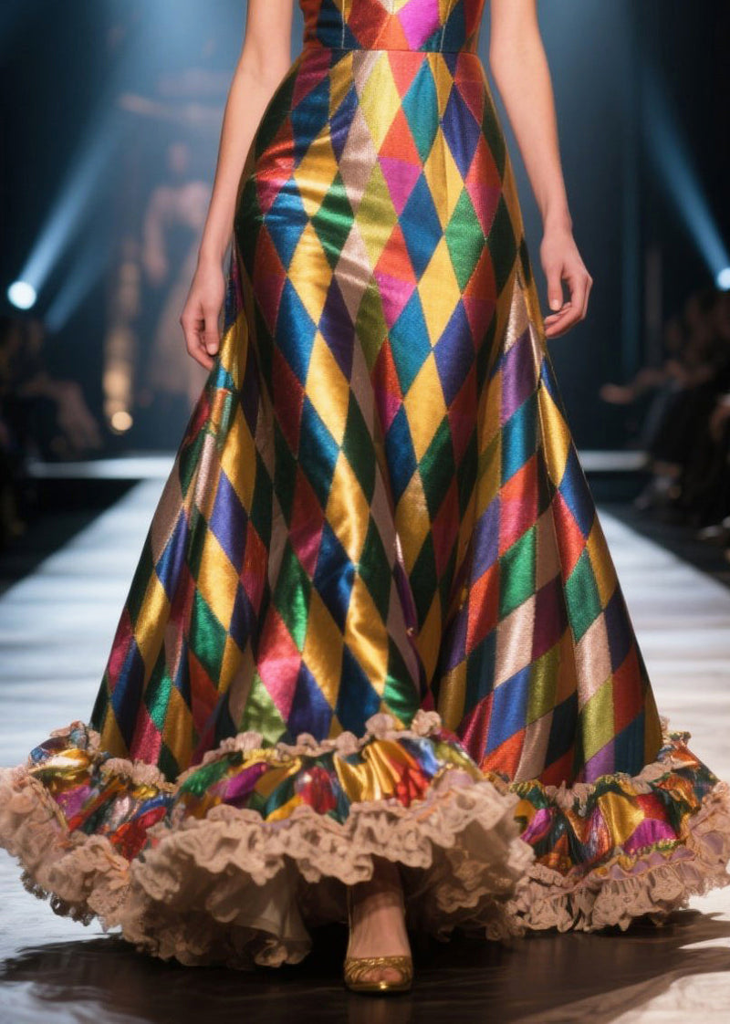Colorblock Ruffled Patchwork Plaid Silk Evening Dress Summer