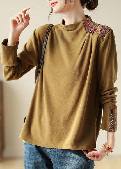 Retro Style Yellow Print Patch T Shirt Top Autumn