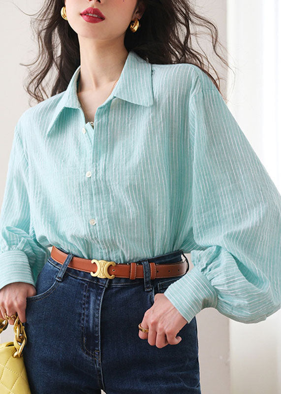 Blue Striped Peter Pan Collar Shirt Lantern Sleeve