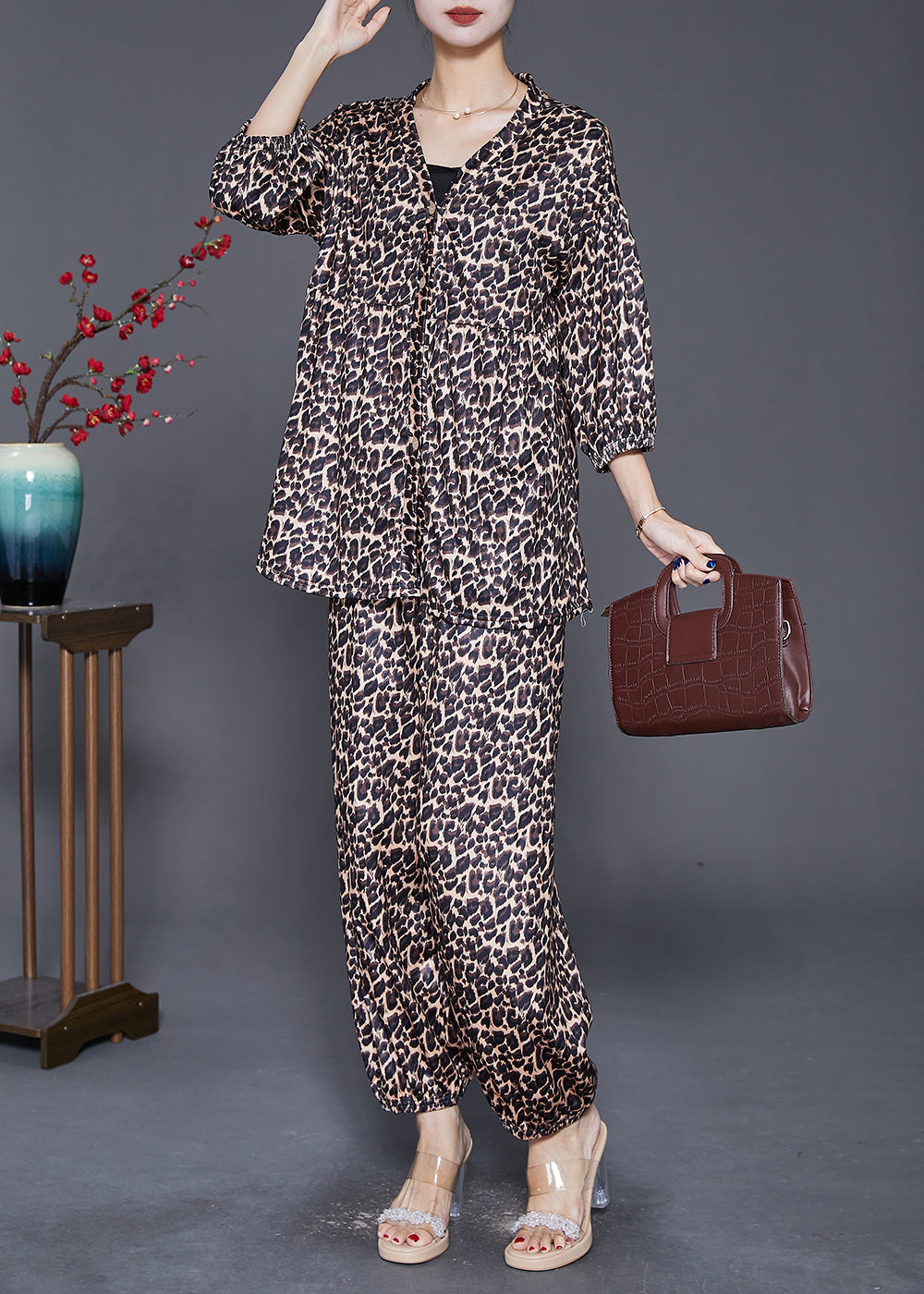 Leopard Print Oversized Cotton Two-piece Set Fall