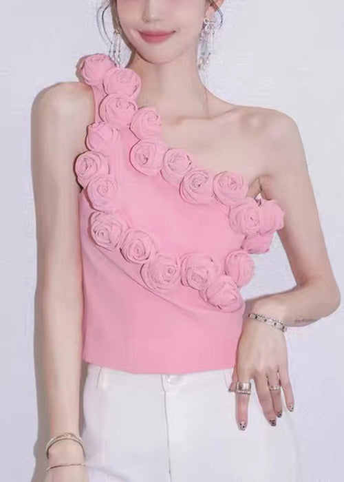 Pink One-shoulder Cotton Tank Sleeveless