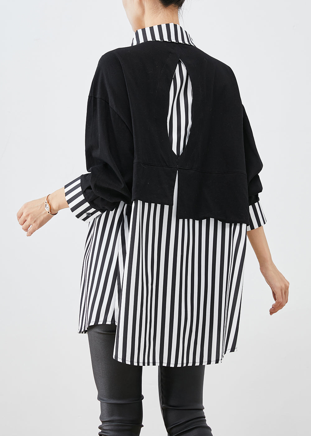 Black Oversized Patchwork Striped Cotton Sweatshirts Top Fall