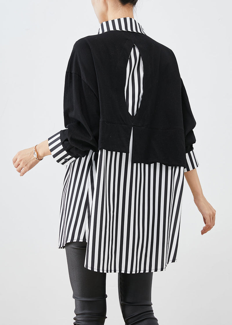 Black Oversized Patchwork Striped Cotton Sweatshirts Top Fall