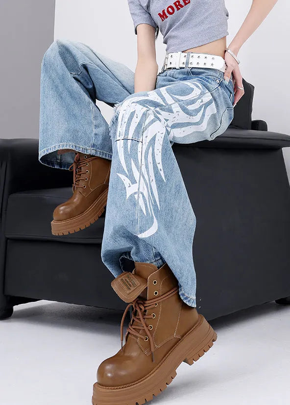 Blue Pockets Graffiti Denim Wide Leg Pants Fall
