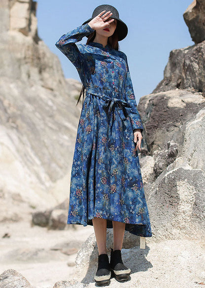 Blue Cinched Print Long Dresses Spring