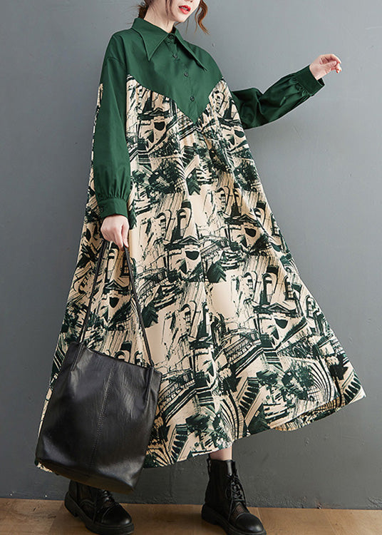 Black Peter Pan Collar Print Patchwork Button Maxi Dress Long Sleeve