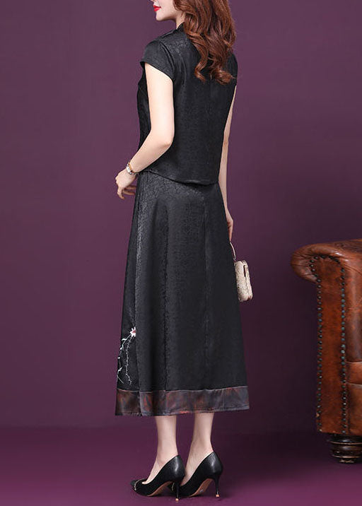 Italian Black Embroideried Patchwork Tops and Skirts Silk Two-piece Summer