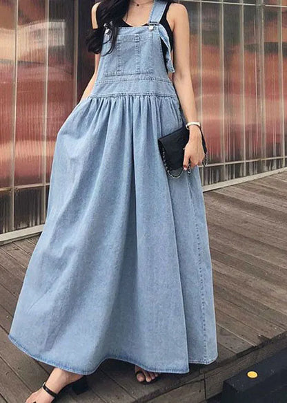 French Blue Wrinkled Patchwork Denim Long Dress Sleeveless Summer