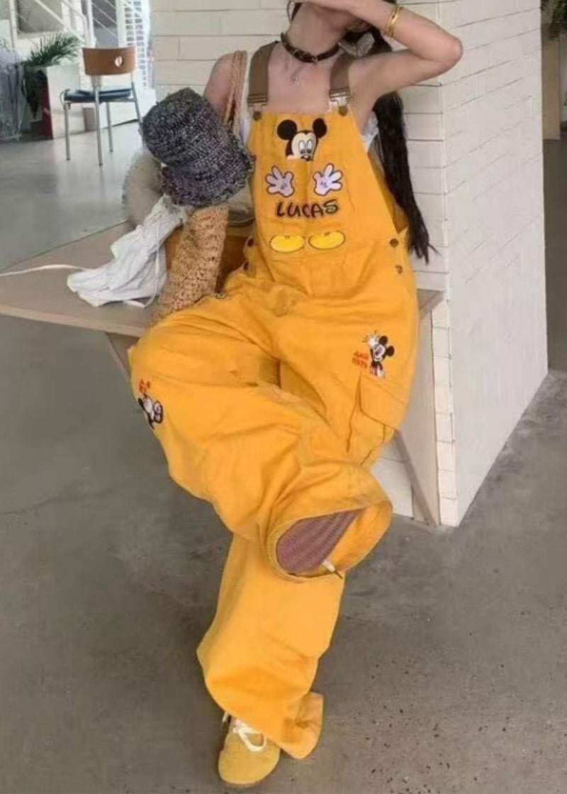 Yellow Embroidered Denim Overalls Jumpsuit Fall