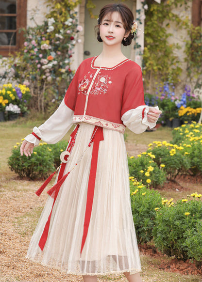 Chinese Style Red Embroideried Tops and Pleated Skirt Chiffon Two Pieces Set Long Sleeve