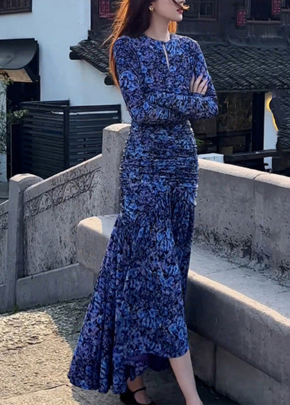 Slim Fit Blue O-neck Print Wrinkled Holiday Maxi Dress Spring