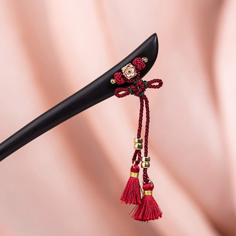 Ebony Hairpin With Red String Tassel for Protection & Luck