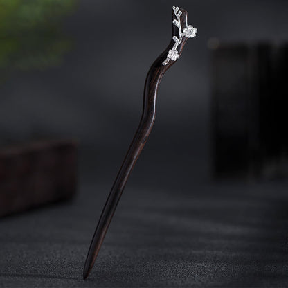 Ebony Plum Blossom Chinese Hairpin 925 Sterling Silver Classic