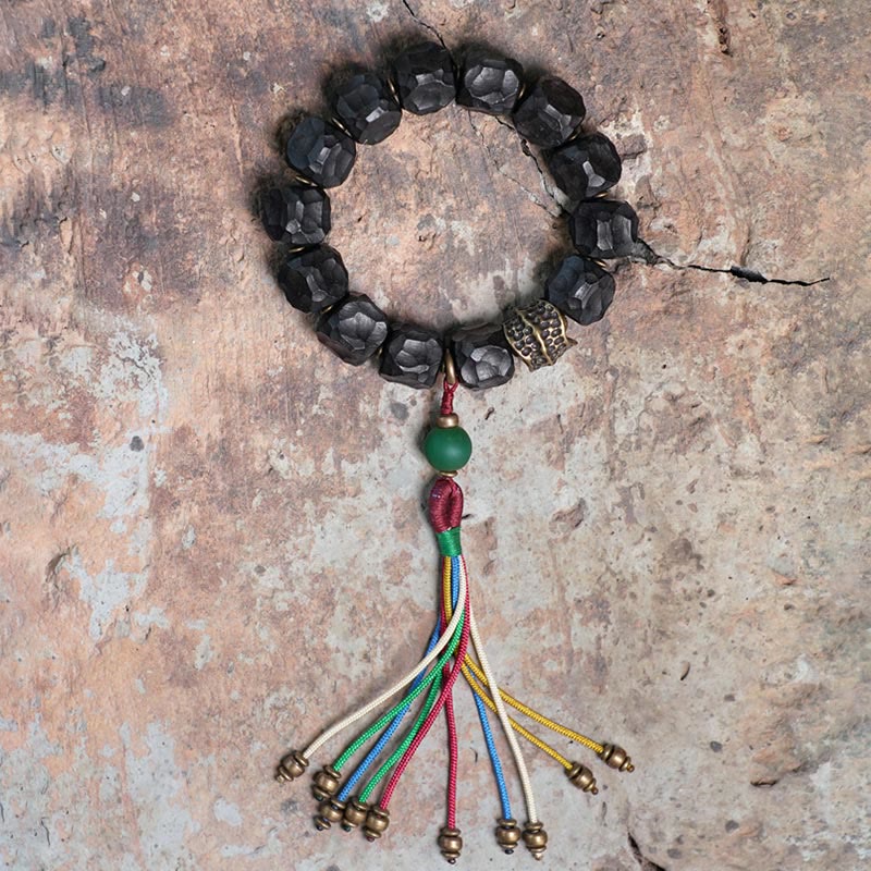 Ebony Wood and Copper Peace Wrist Mala Bracelet 15-18cm