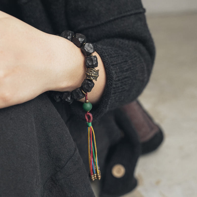Ebony Wood and Copper Peace Wrist Mala Bracelet 15-18cm