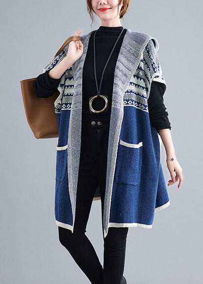 French Blue Hooded Side Open Short Sleeve Fall Knit Sweaters Coat/ships 30 Days