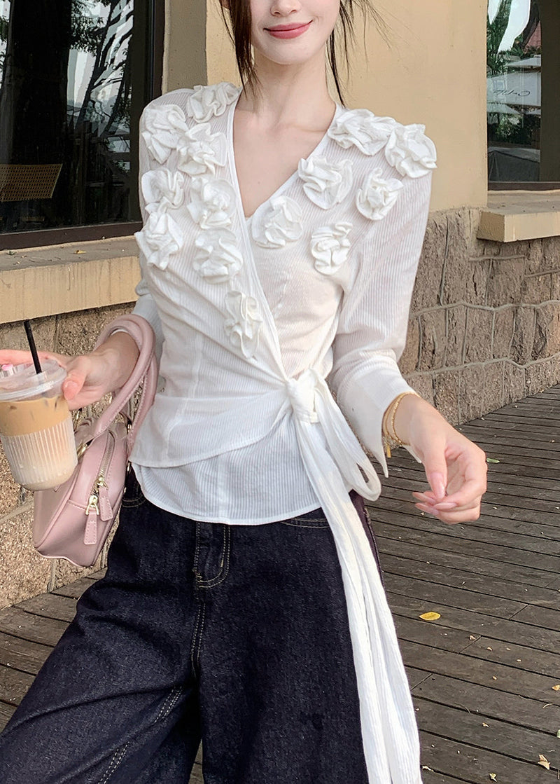 Slim Fit White V Neck Lace Up Cotton T Shirt Fall