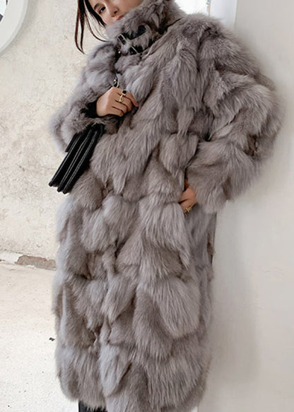 Coffee Fox Collar Pockets Leather and Fur Long Coats Winter