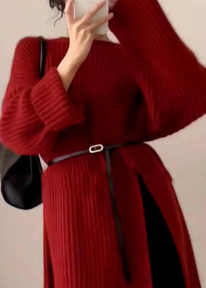 Red O Neck Side Open Knit Long Sweater Spring