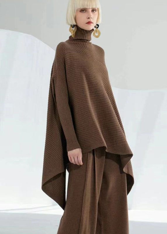 Diy Chocolate Turtle Neck Asymmetrical Wool Sweater Tops Long Sleeve Winter