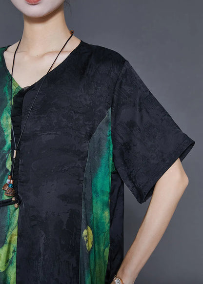 Green Oversized Patchwork Silk Long Dress Summer