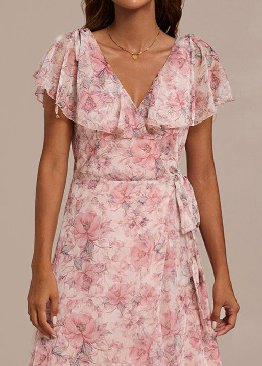 Pink V Neck Print Lace Up Chiffon Long Dresses Summer
