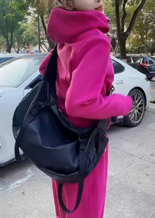 Simple Rose Hooded Coat and Pants Warm Fleece Two Pieces Set Spring