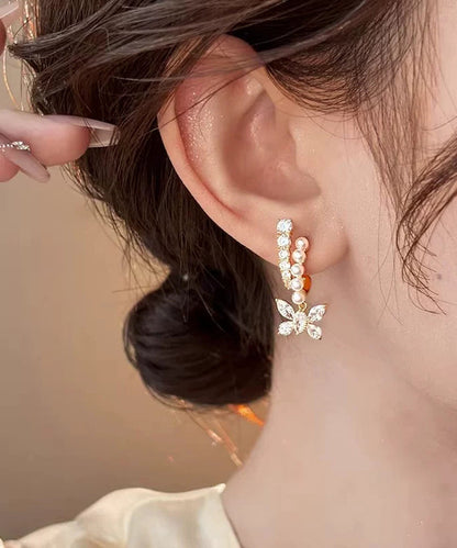Gold Copper Overgild Zircon Pearl Butterfly Hoop Earrings