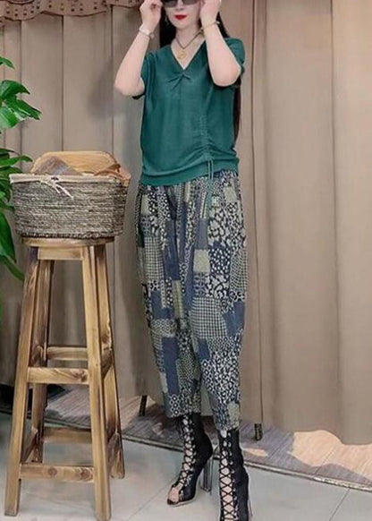 Simple V Neck Drawstring Cotton Tank Tops and Harem Pants Two Pieces Set Summer