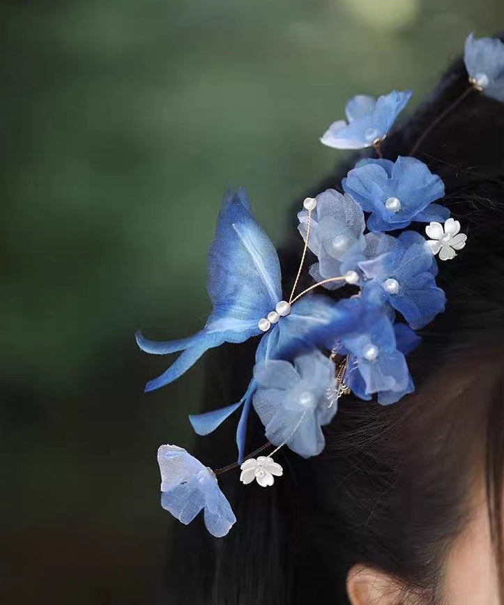 Blue Alloy Pearl Butterfly Tassel Hairpin