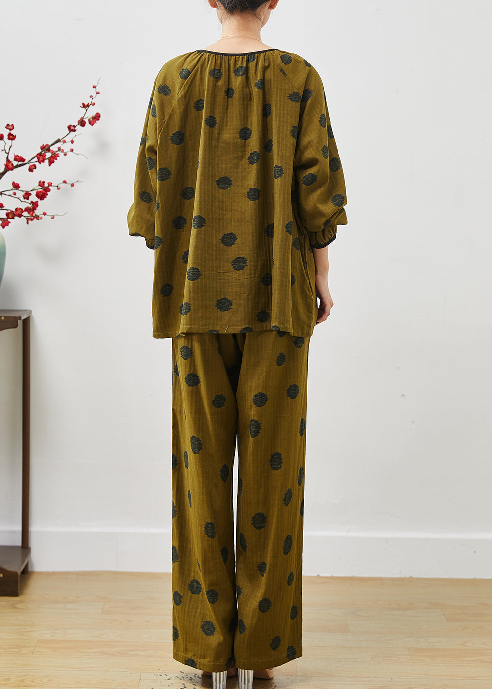 Dull Green Print Cotton Two Pieces Set Oversized Fall