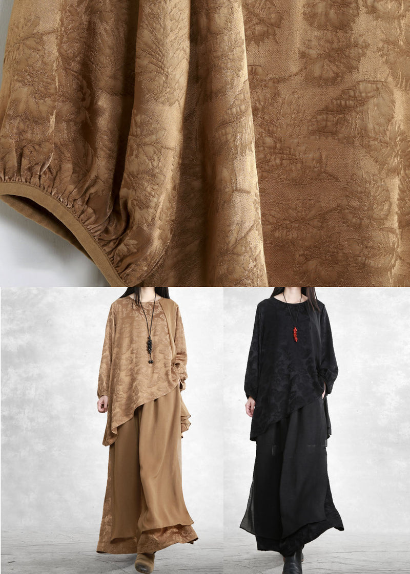 Chocolate Yellow Patchwork Silk Tops and Wide Leg Pants Two Piece Set Jacquard Spring