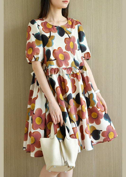White O-neck Print Puff Sleeve Summer Cotton Dress