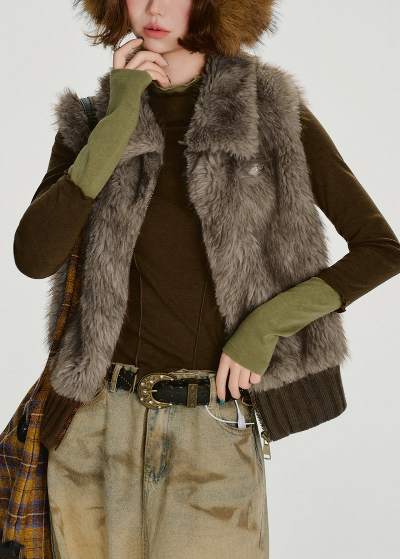 Brown Oversized Patchwork Faux Fur Vests Winter
