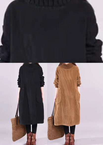 Chocolate Patchwork Thick Corduroy Dresses Turtle Neck Long Sleeve