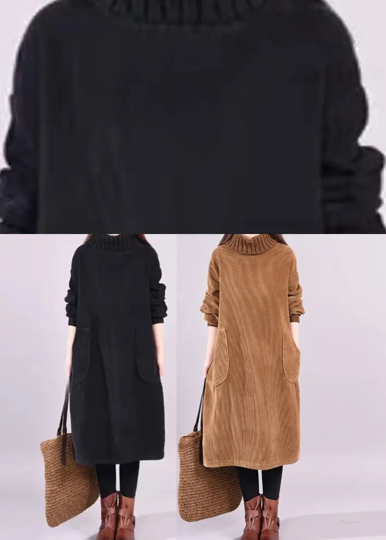 Chocolate Patchwork Thick Corduroy Dresses Turtle Neck Long Sleeve