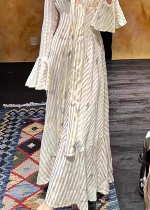 Striped Bow High Waist Long Dress Flare Sleeve