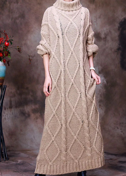 French Khaki Turtle Neck Hollow Out Knit Winter Sweater Dress