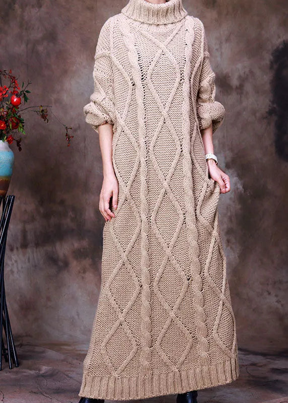 French Khaki Turtle Neck Hollow Out Knit Winter Sweater Dress