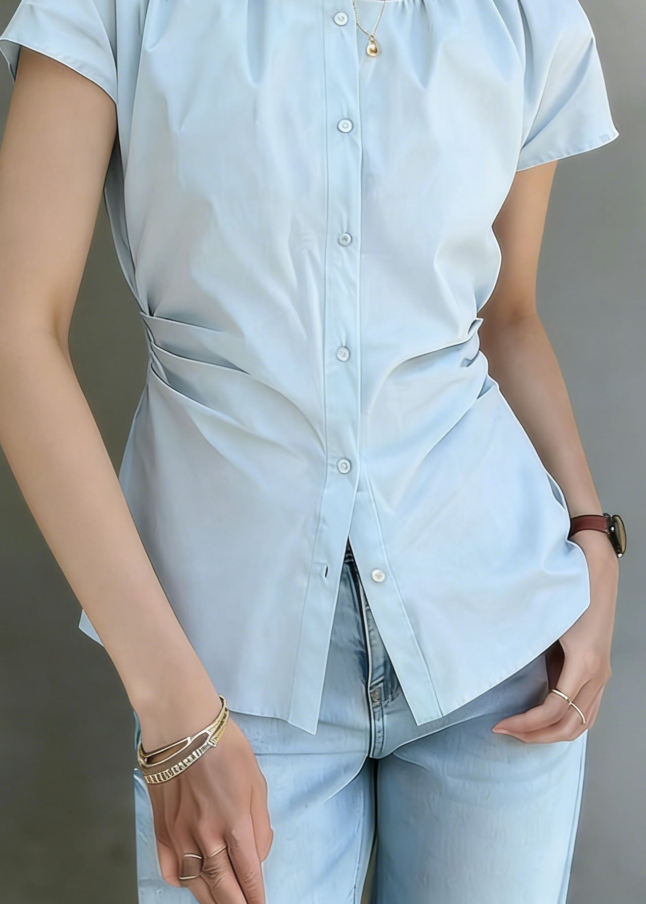 Blue O Neck Wrinkled Button Cotton Shirt Summer