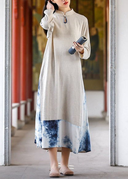 Tie Dye Stand Collar Pockets Cotton Long Dresses Fall